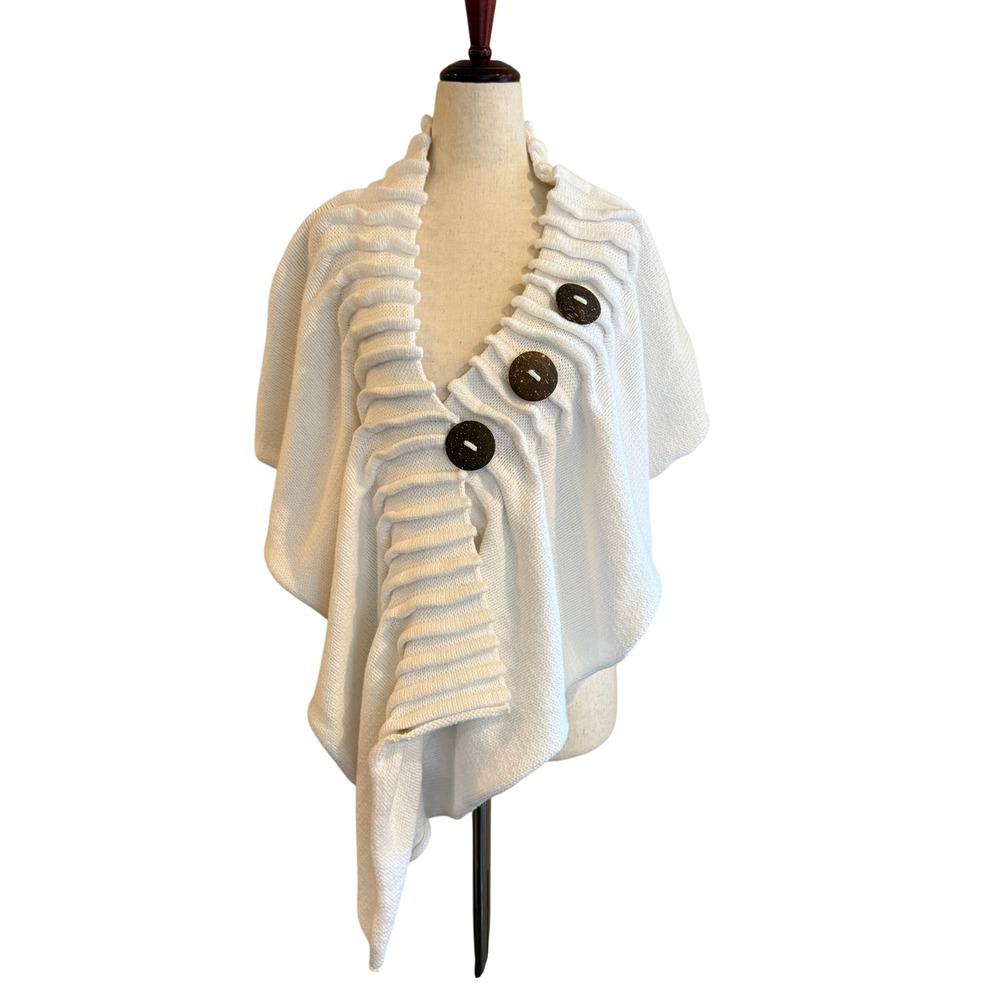 Pure Handknit Poncho Women OS White Cotton Chunky Knit Button Front Coastal